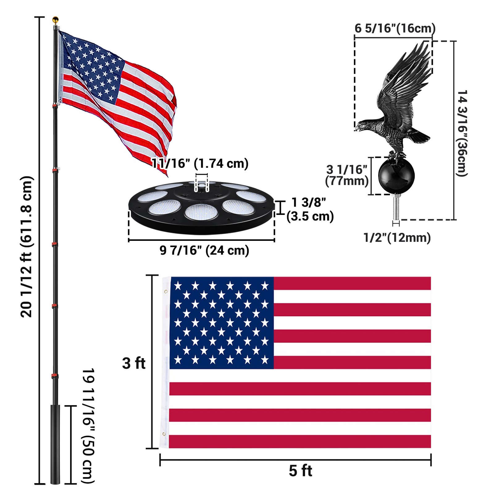Yescom EZ GO 20&prime; Telescopic Flag Pole Kit Solar Light US Flag Eagle Topper Black