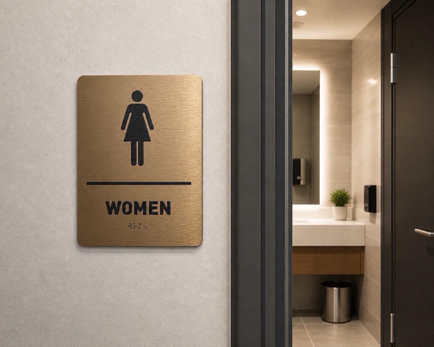 Women’s Restroom Sign 8×6 Brushed Bronze Aluminum ADA Braille Door Wall Mount