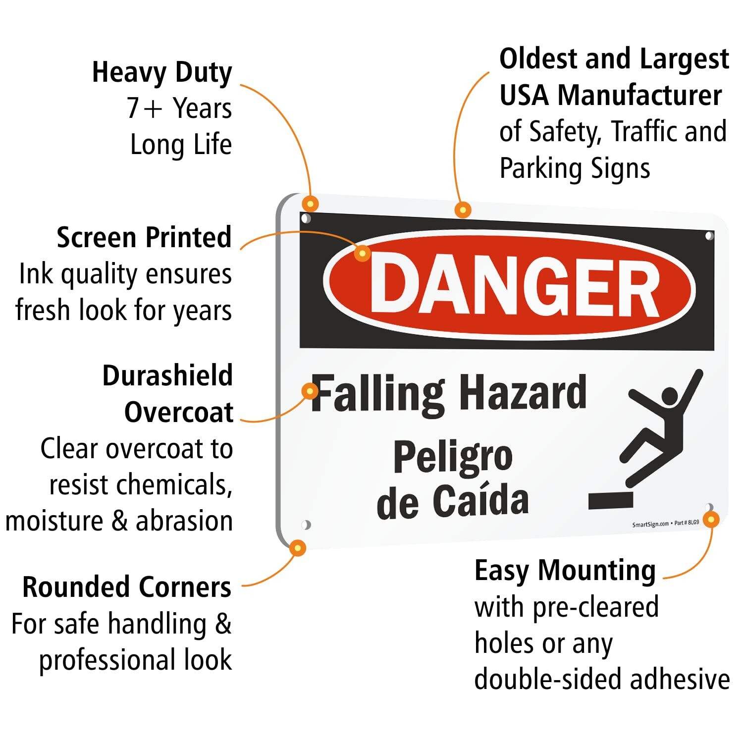 7×10 inch Danger Falling Hazard Peligro De Caida Bilingual OSHA Metal Sign
