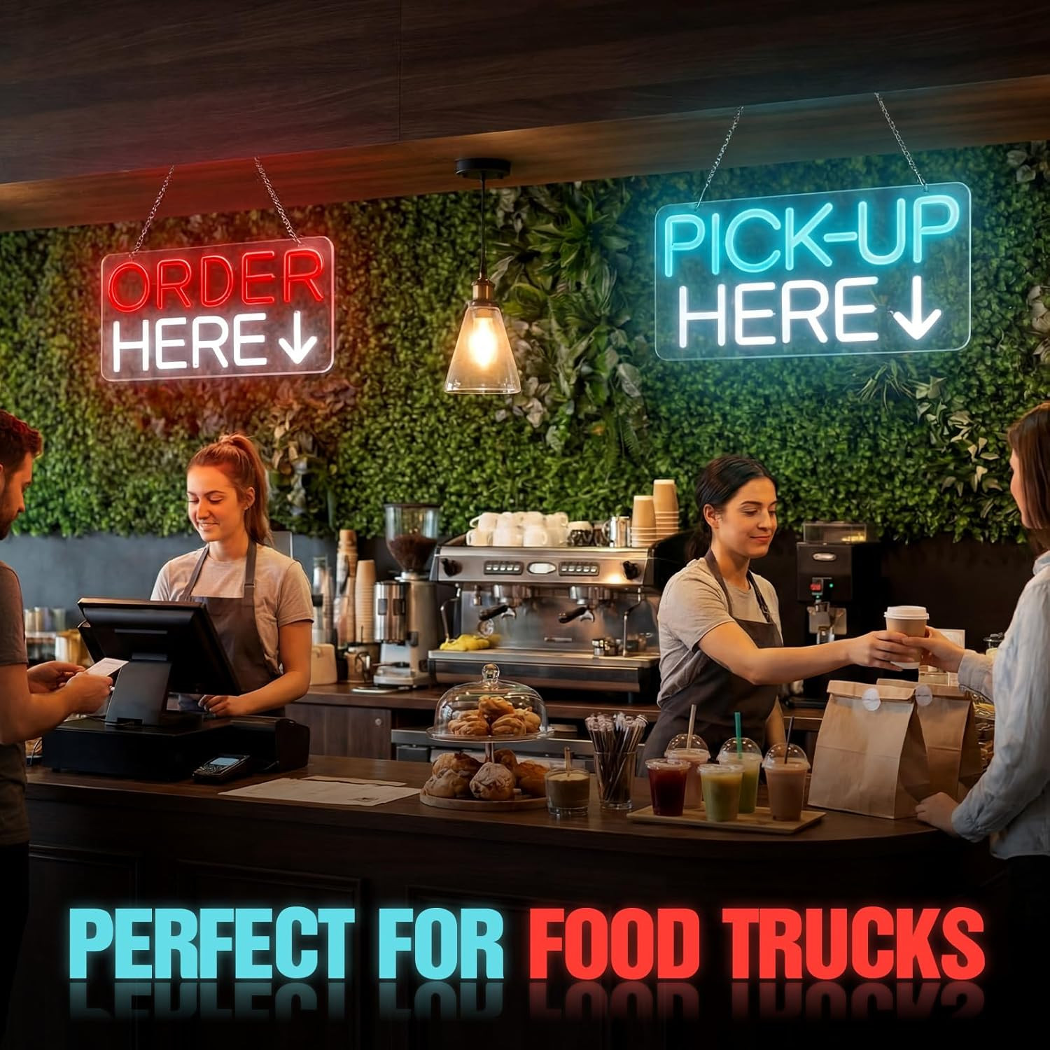 LED Order & Pick Up Here Signs – 2 Pack Neon Wall Decor for Business