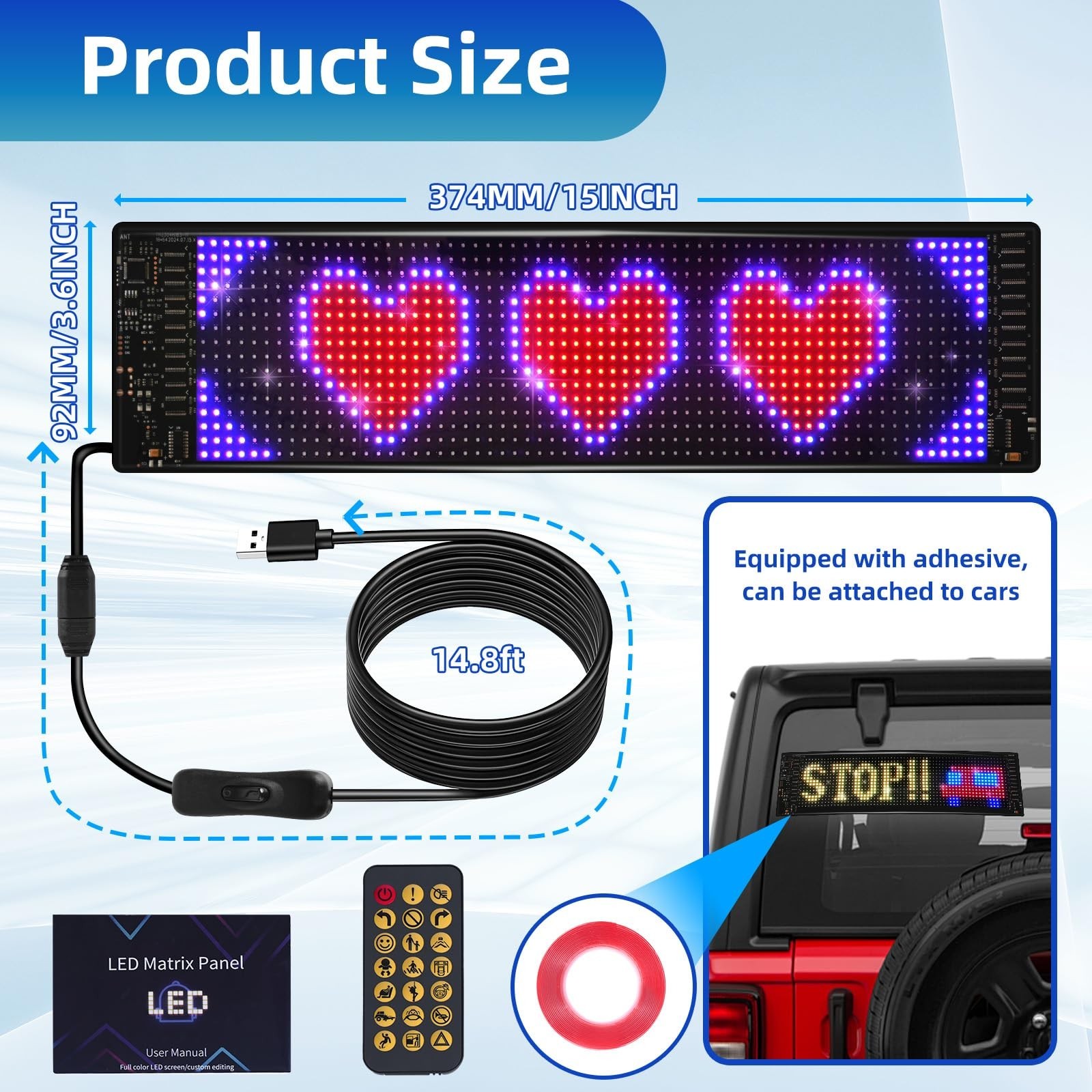 Customizable Scrolling LED Sign 14.7&Prime;x3.6&Prime; – USB & App Control, DIY Text & Anima
