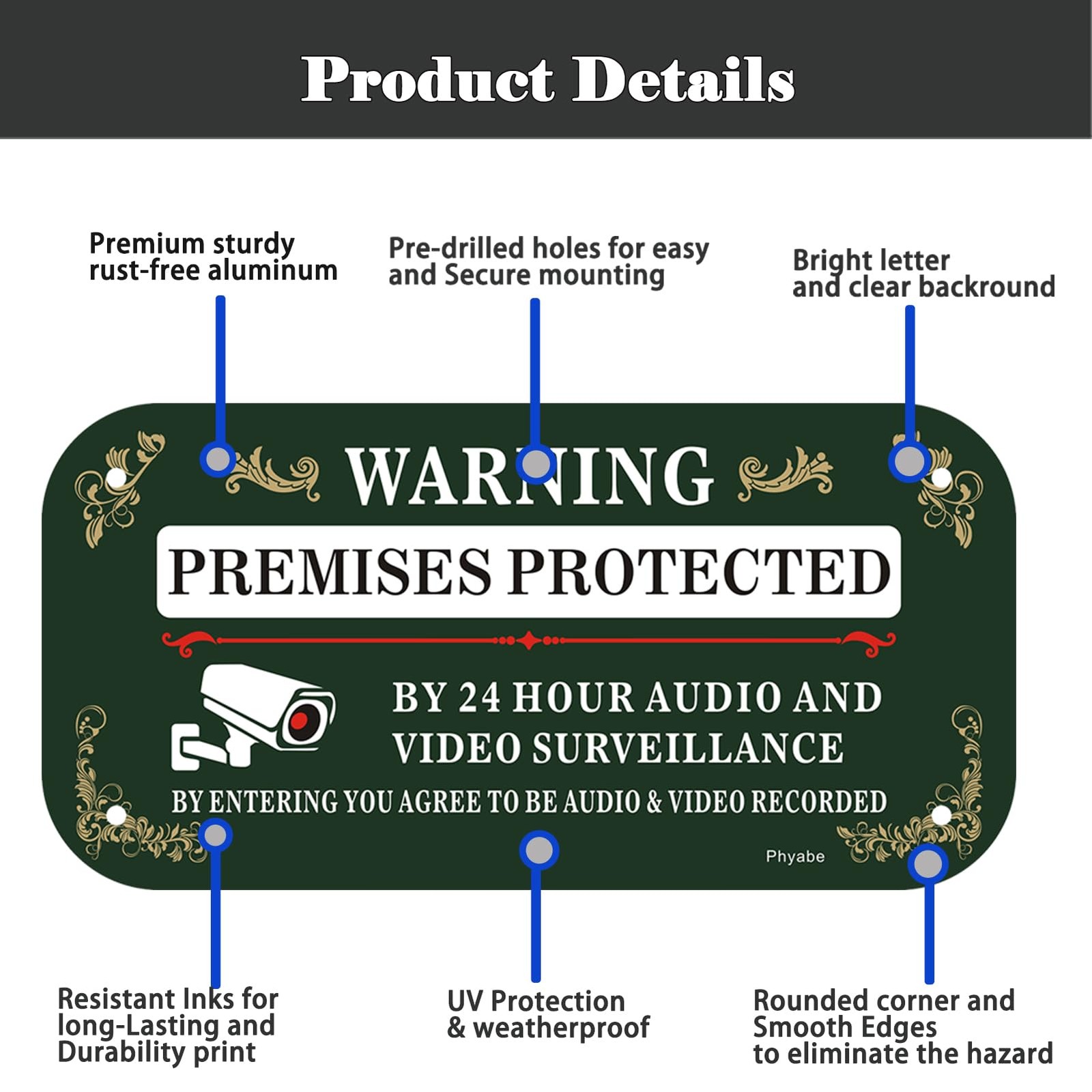 2 Pack Premises Protected by 24 Audio and Video Surveillance Sign, 12 x 6 inc…