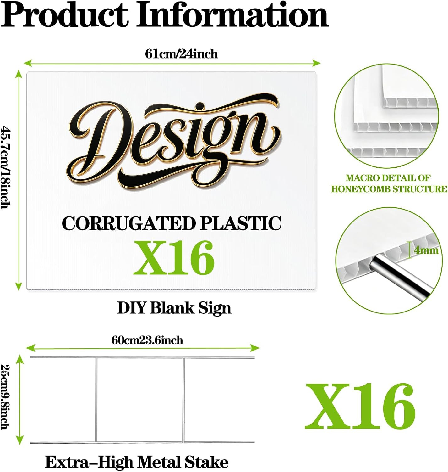 16 Pack 18 X 24 Inches White Corrugated Plastic Yard Sign with Metal Stakes for