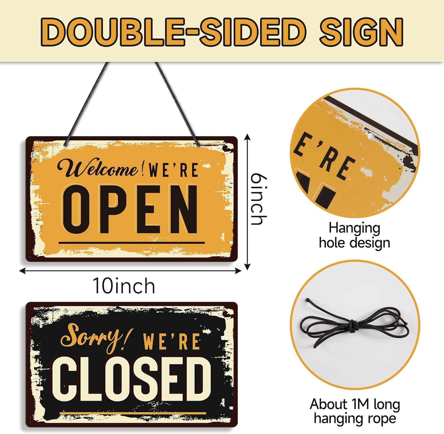 Open Closed Sign for Business, 10&Prime; X 6&Prime; Double Sided Plastic Sign with Twine, Su