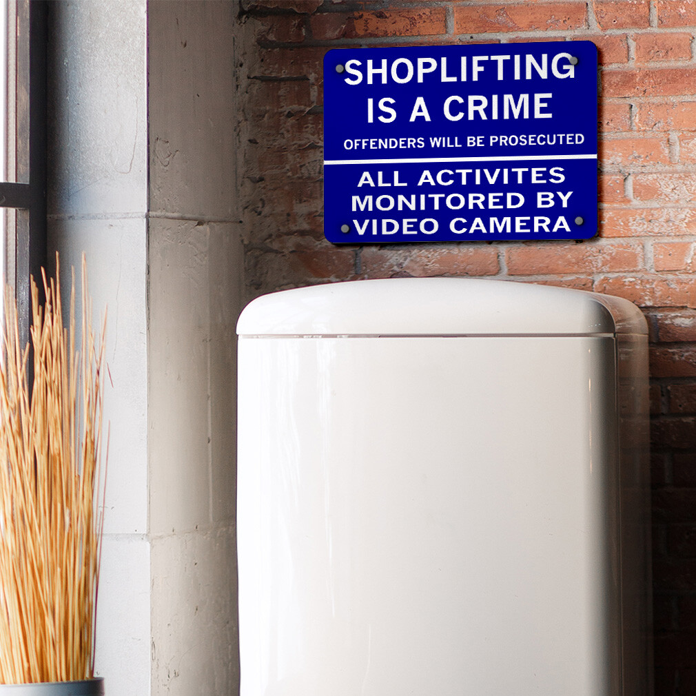 Horizontal Metal Sign Shoplifting Crime Offenders Prosecuted Video Surveillance