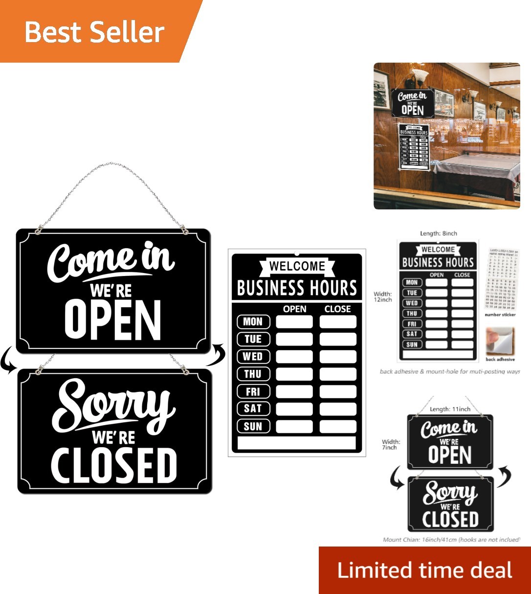 Open Closed Sign Set – Business Hours for Restaurants, Bars & Stores (12&Prime;x8&Prime;)