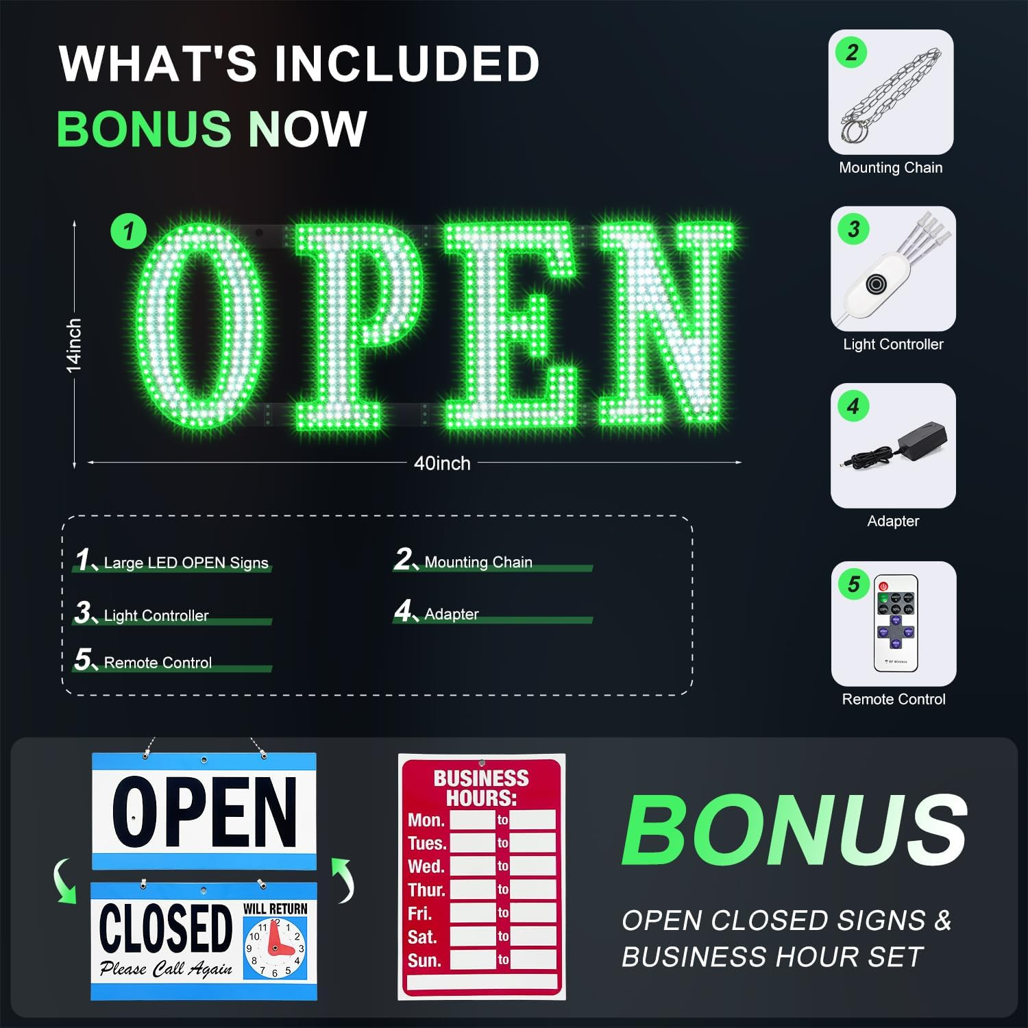 Bright LED Open Sign with Remote, 14 Modes, Adjustable for Storefront Window