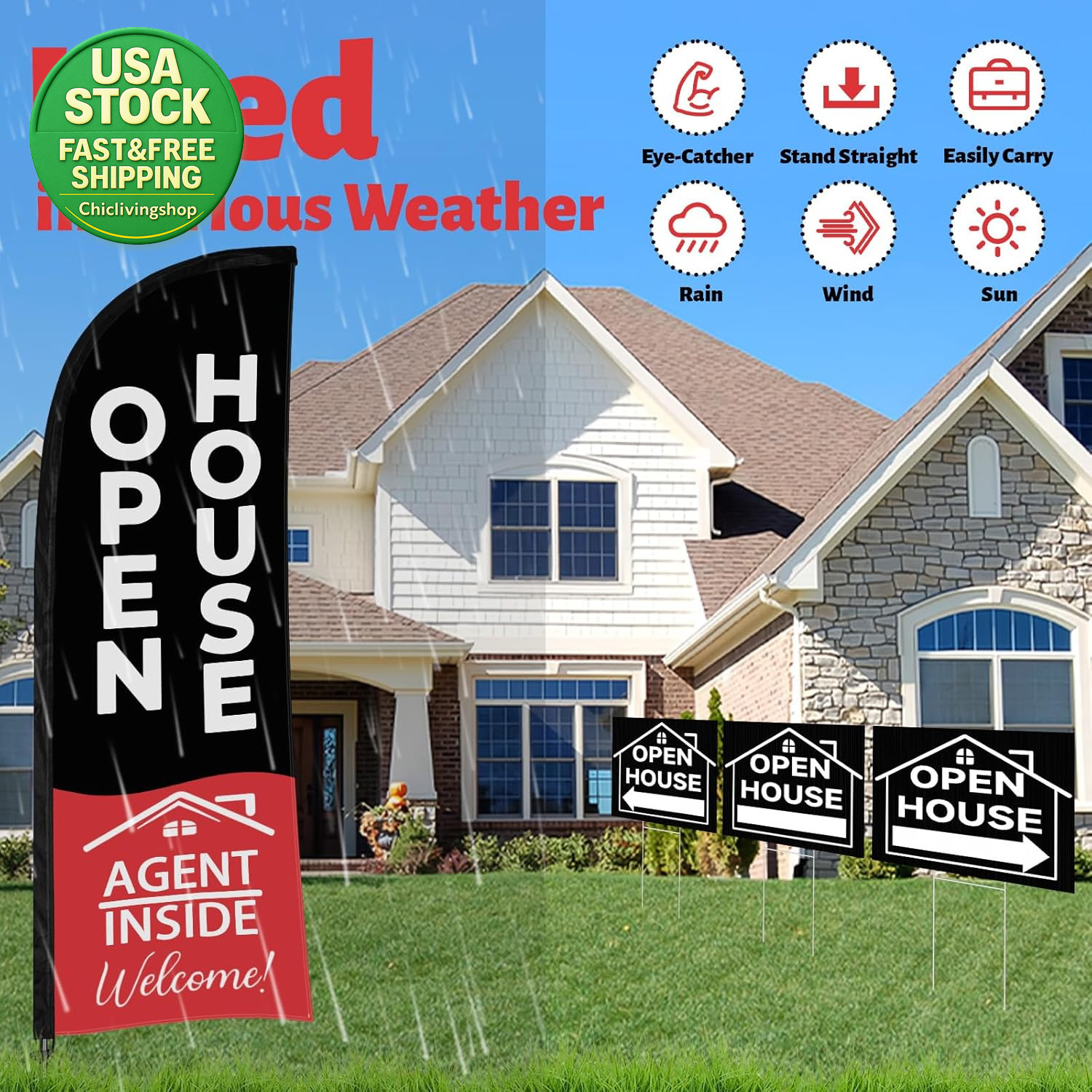 44 Pcs Open House Sign Kit Double Sided Flags Balloons Directions Real Estate