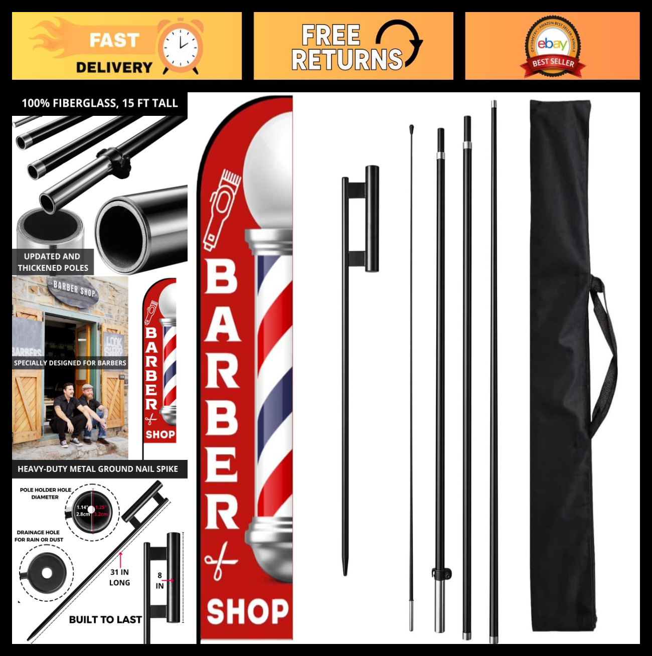 15ft Barber Flag for Outdoor Advertising, Eye-Catching Feather Banner, Salon Sig