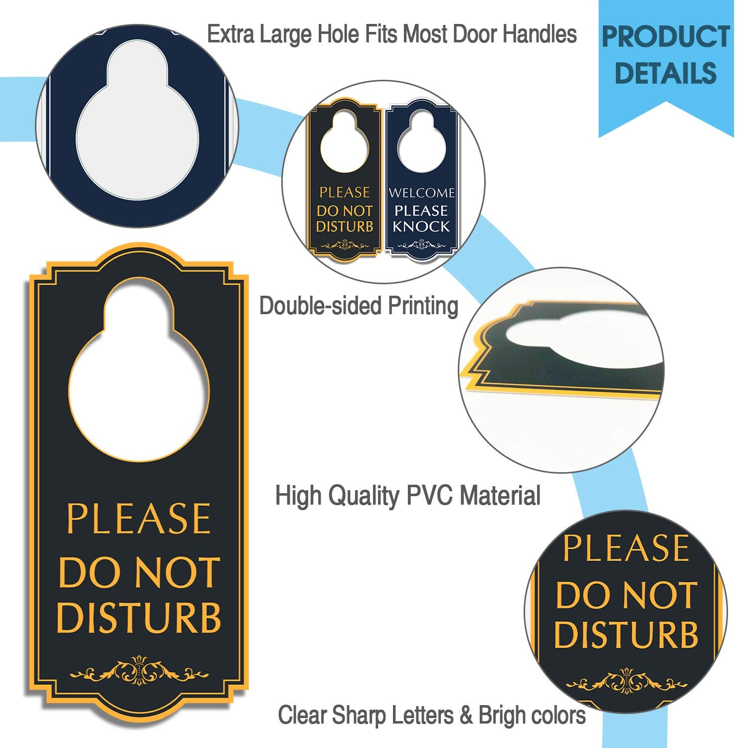 16 PCS Do Not Disturb Door Hanger 4×9 Inch Black/Blue Double Sided Sign PVC
