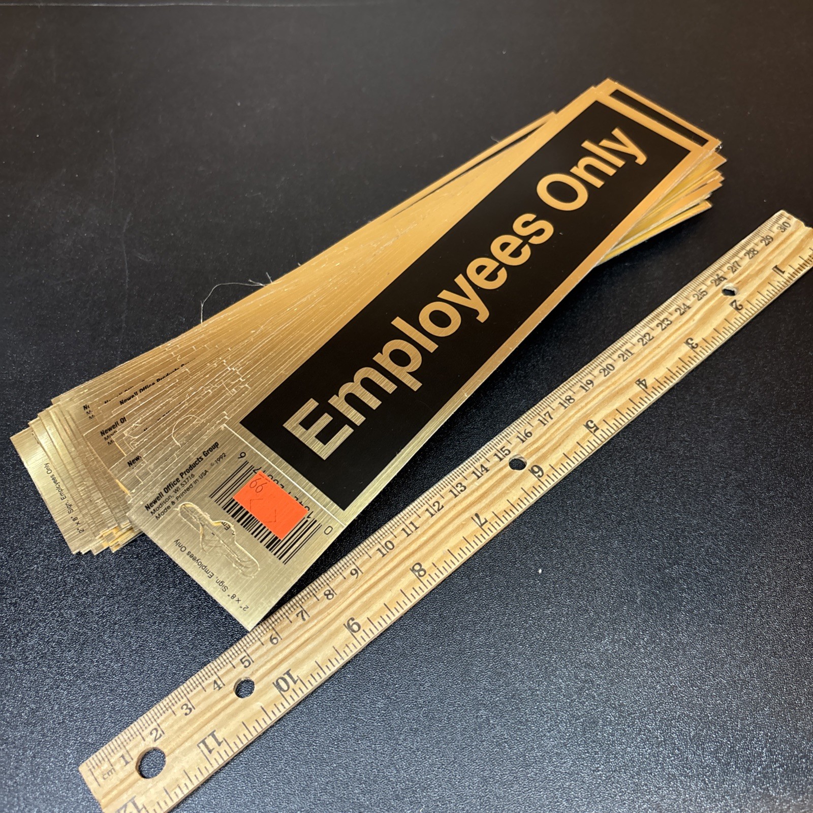 Lot of 49 Employees Only 2×8&Prime; door signs, Newell Office Prod, Gold Black Decal