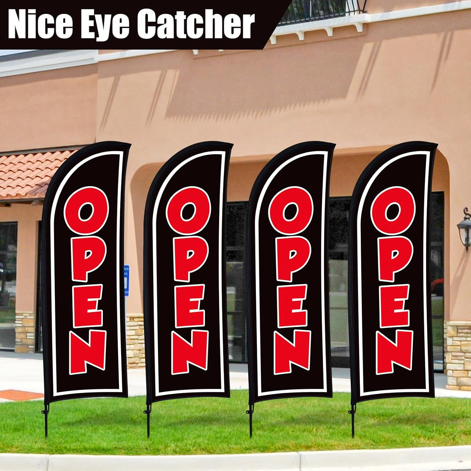 4 Open Feather Flag Pole Kits for Business Advertising – 8 Ft Black Banners