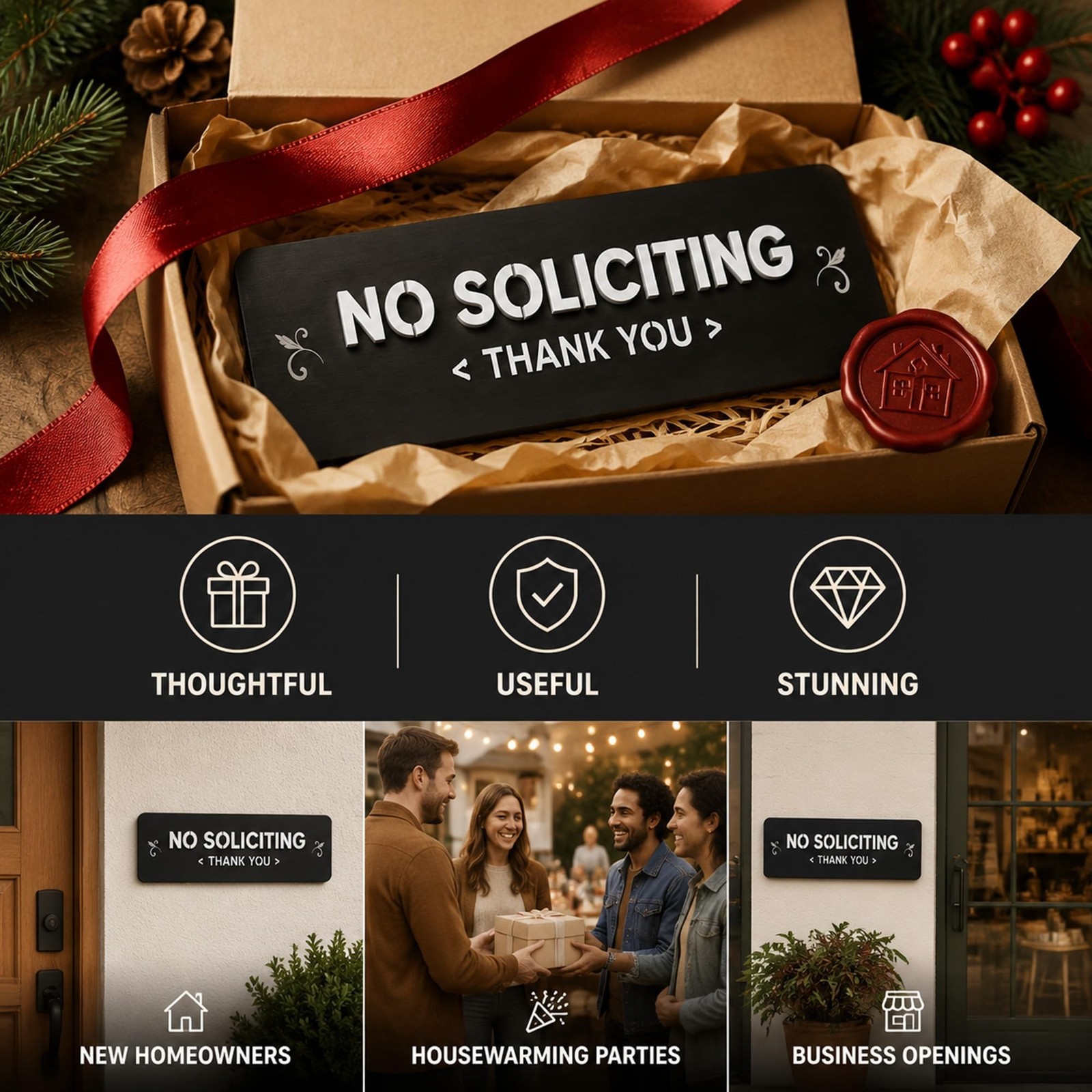 No Soliciting Sign, Matte Black – 304 Stainless Steel Raised Letters, No-D