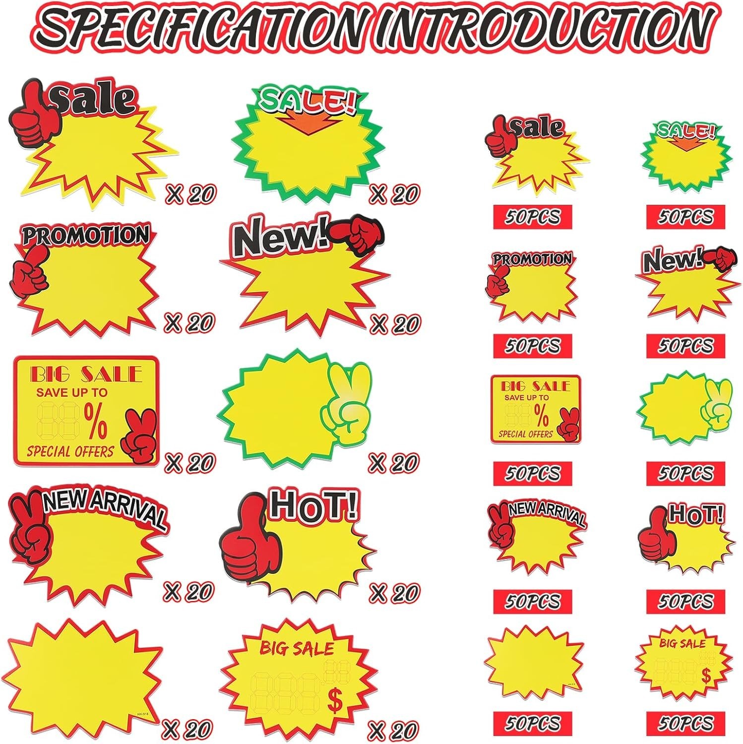 Durable Yellow Starburst Sale Signs 200pcs | Rectangle Labels for Retail Stores