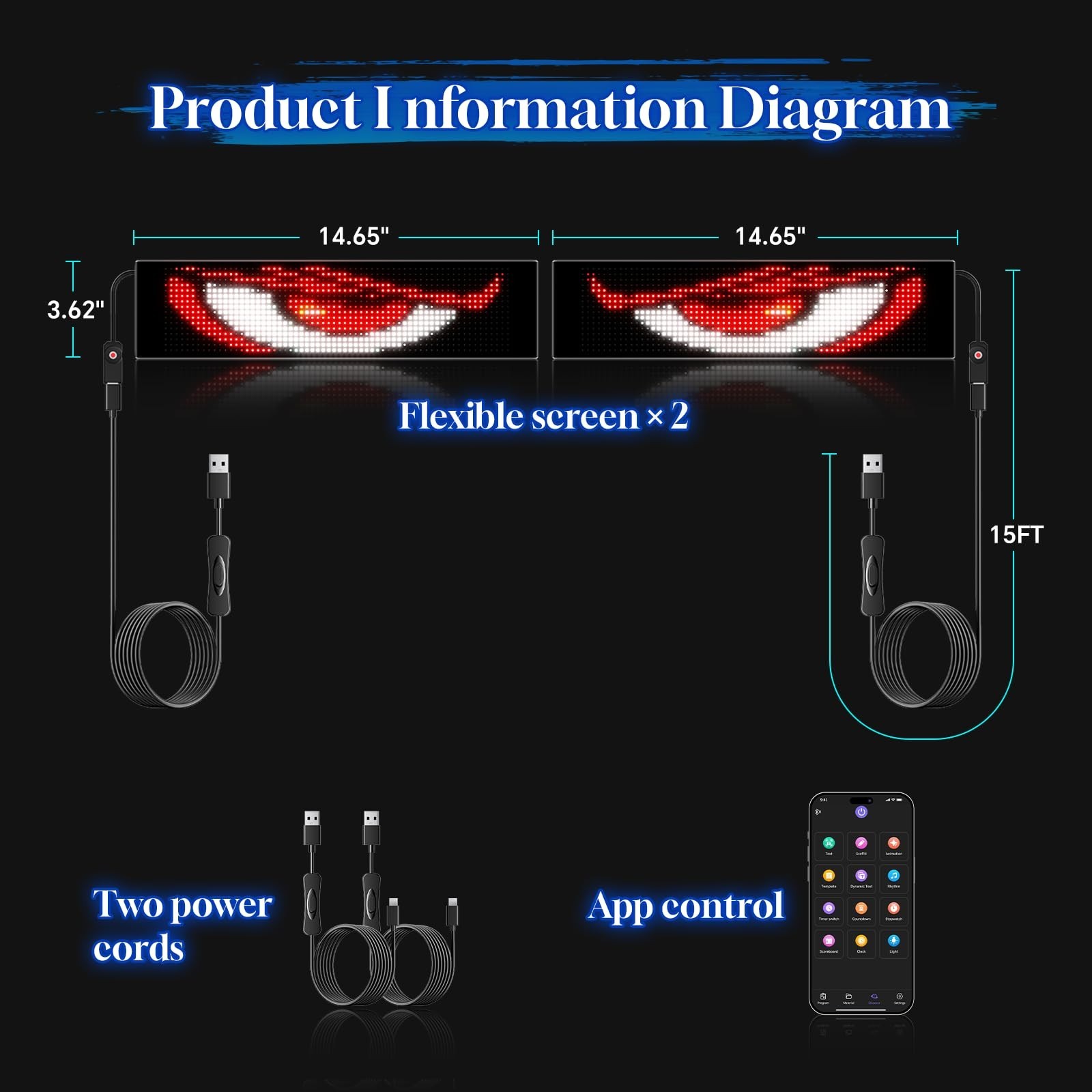 LED Sign for Car Devil&rsquo;s Eyes Light for Windshield APP Control Scrolling Disp…