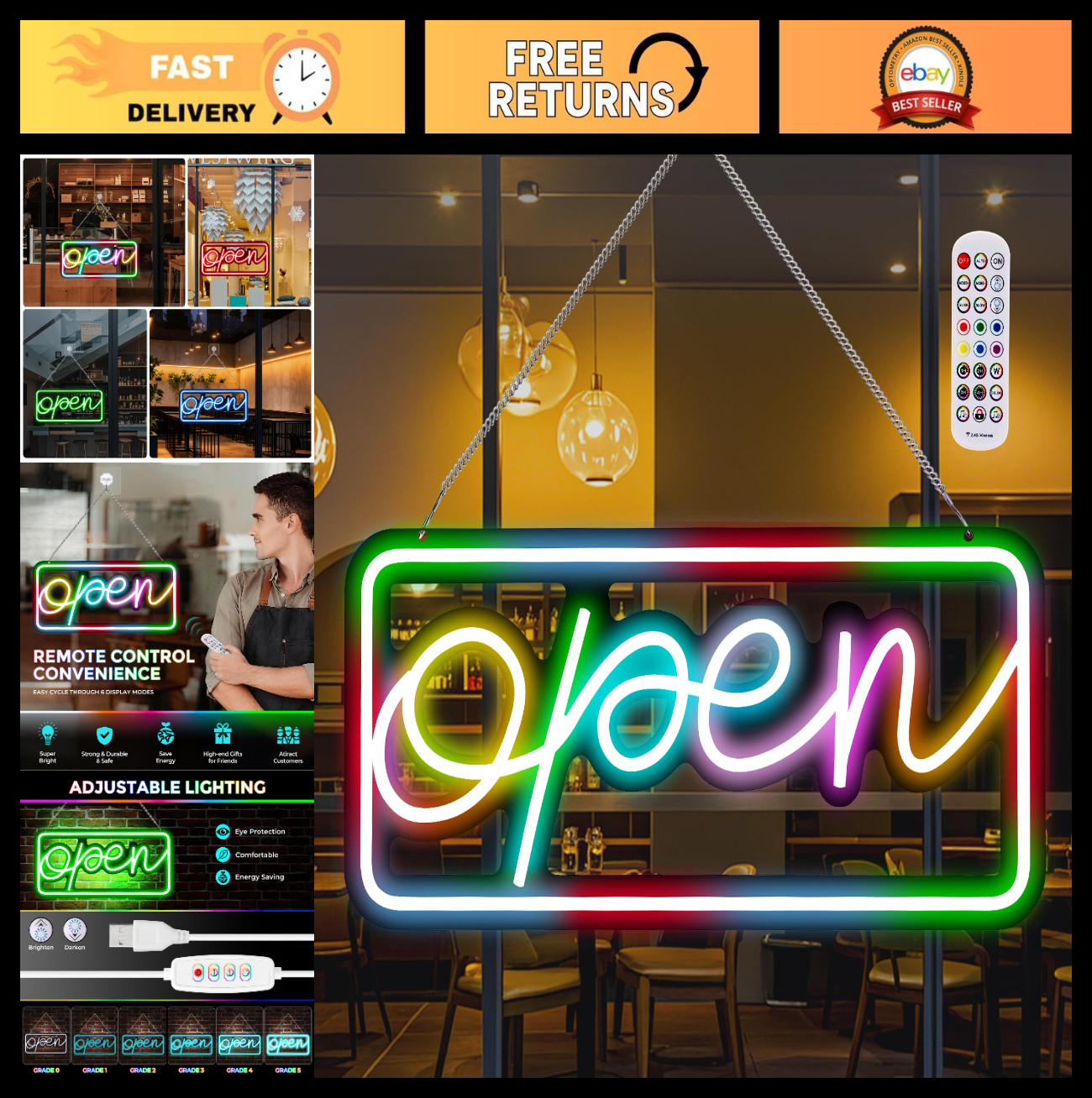 Colorful LED Open Sign with Remote Control – Bright Business Display for Shops,