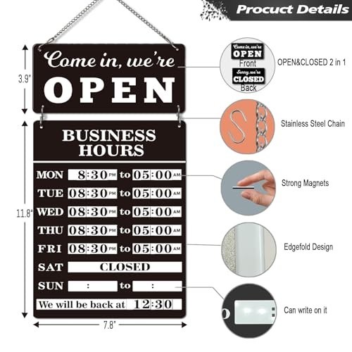 Magnetic Business Hours Sign – Double Sided Open Closed Metal Store Hours for Gl