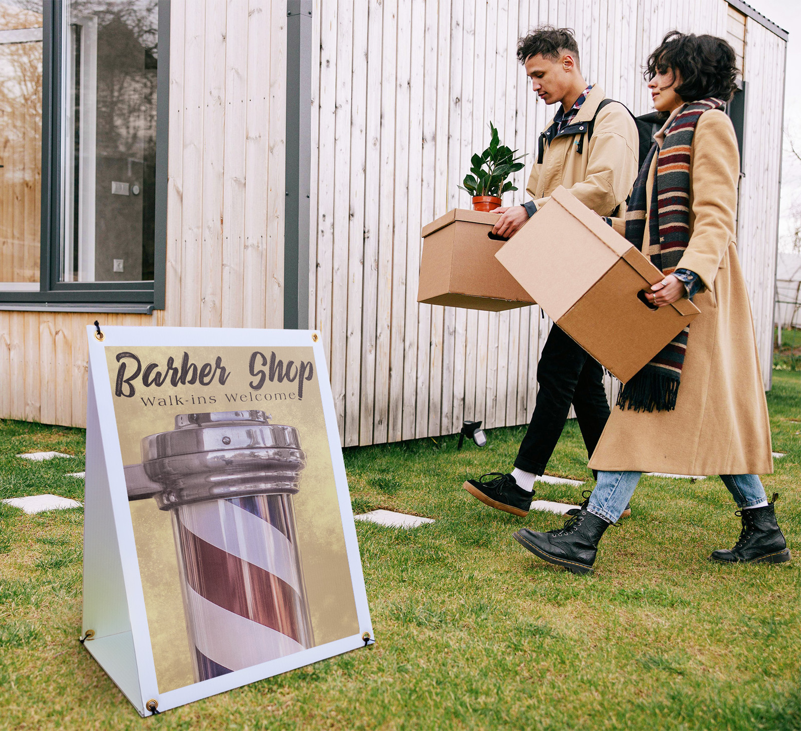 Barber Shop Walk Ins Welcome A-Frame Sidewalk Sign Hair Services Open Hours