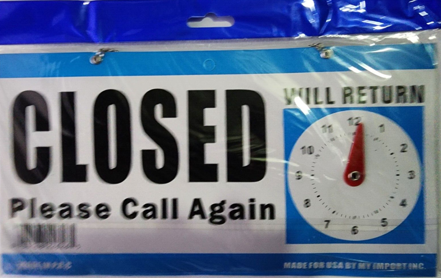 Open and Closed Sign, Plastic, with Hanging Chain, Dual Sides with “Will Return”
