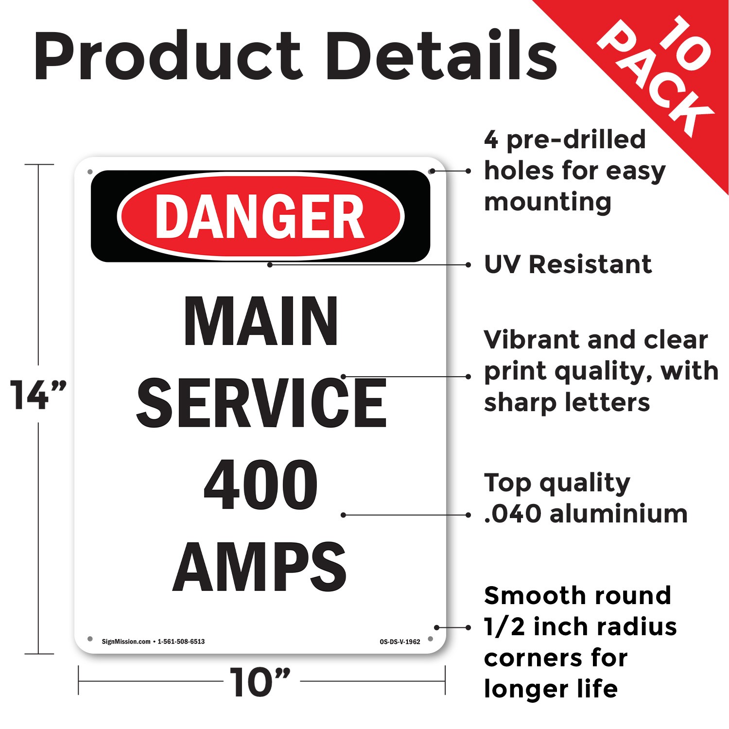 Main Service 400 Amps OSHA Danger Sign Metal, Plastic, Or Decal – 5 or 10 Pack