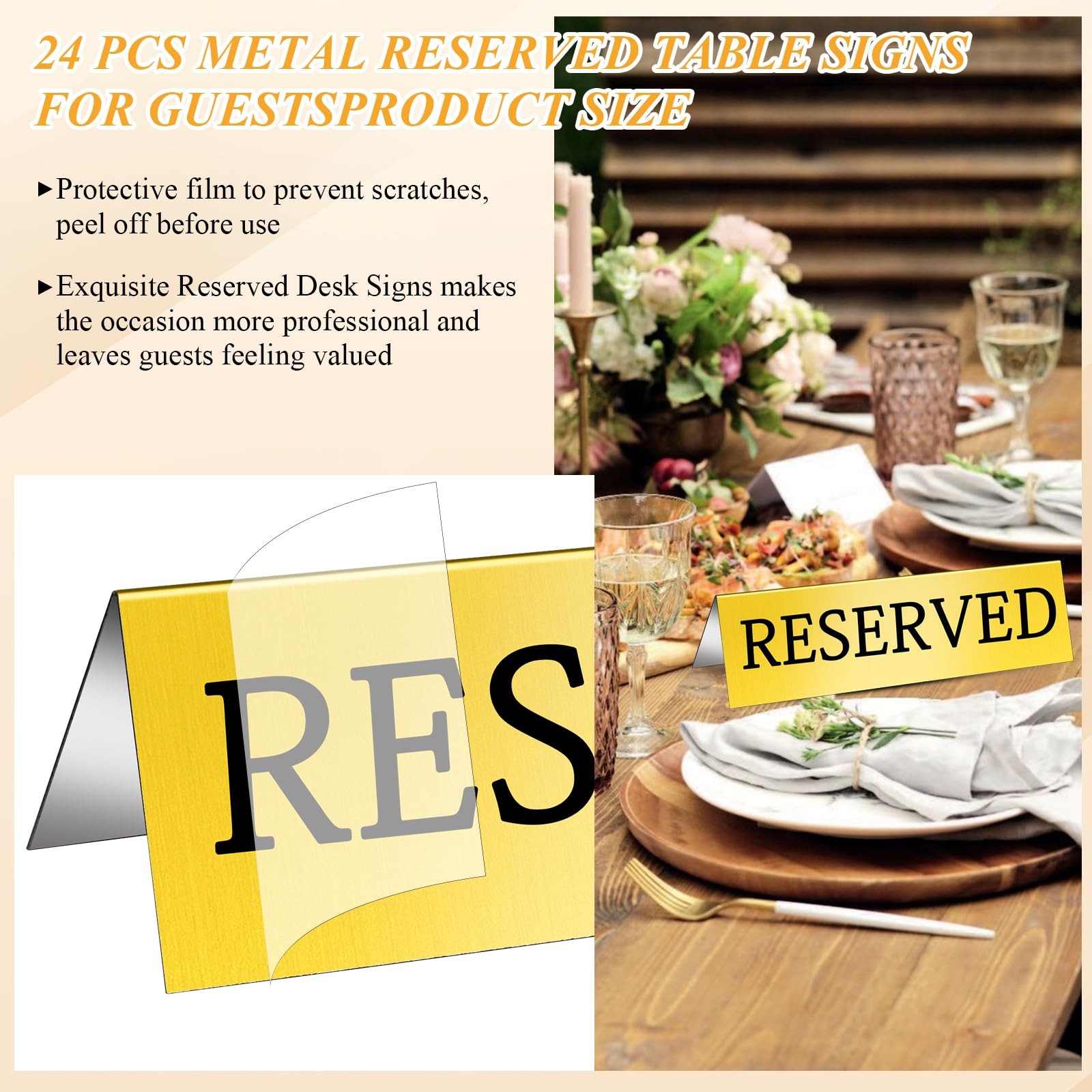 24 PCS Golden Metal Reserved Table Signs Double Sided Tent 5.91×3.15 Inch