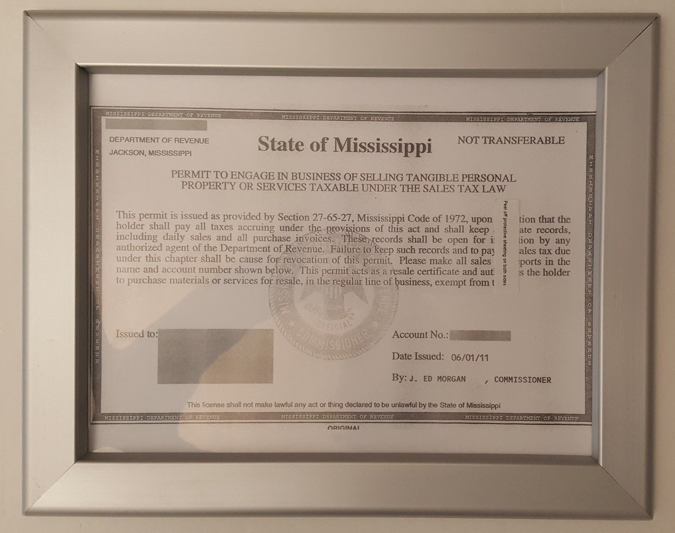 Business License Certificate Frame state of Mississippi 8.5 x 11