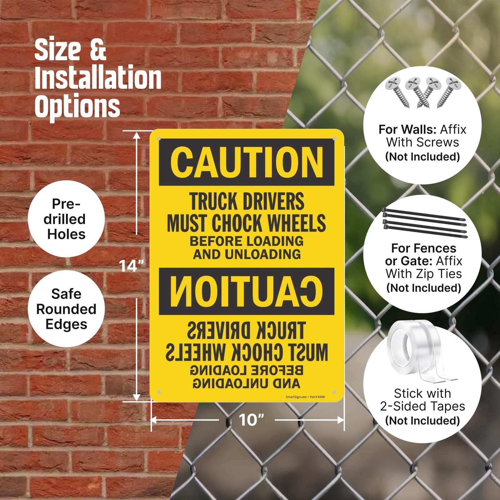 S6682AL 10×14 Inch Aluminum Truck Drivers Must Chock Wheels Unloading Sign