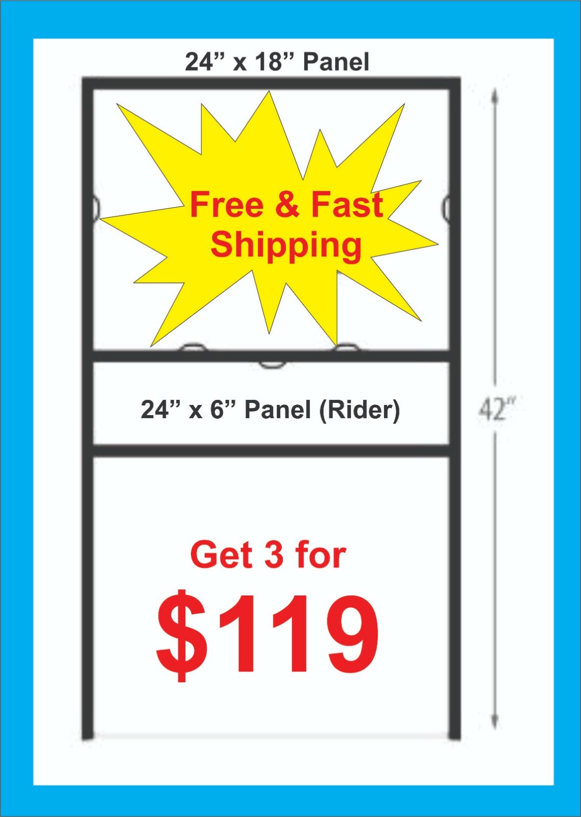 3-Pack, 24&Prime; x 18&Prime; Metal H-Frame for Real Estate signs w/ 24 x 6 Rider, Free Ship