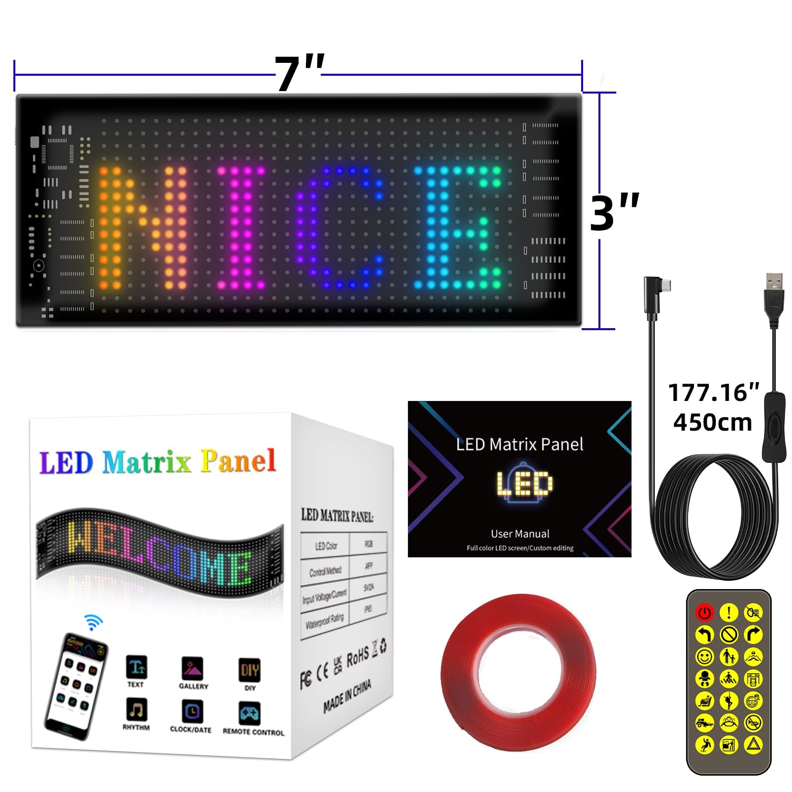 LED Sign for Car Taxi, 7 »x3 » Flexible LED Matrix Panel USB 5V Bluetooth APP…