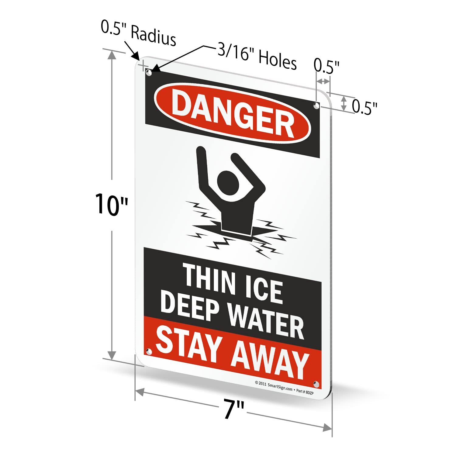 7&Prime;x10&Prime; Danger – Thin Ice Deep Water Stay Away Sign Aluminum Safety Warning