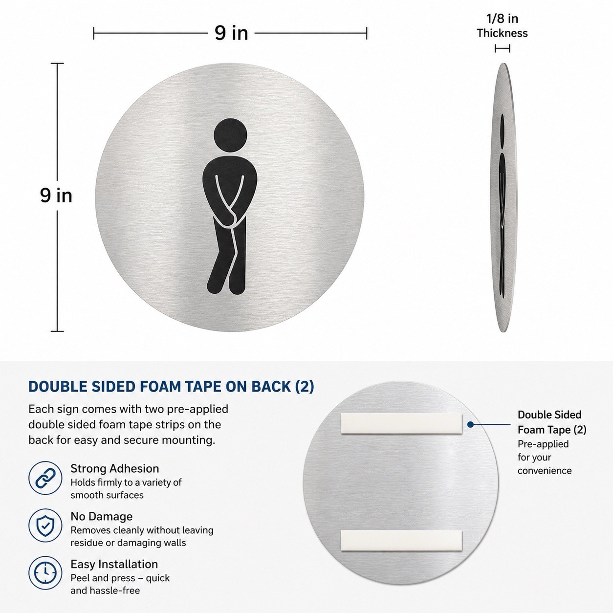 Men’s Restroom Sign 9” Round Brushed Aluminum Bathroom Door Sign