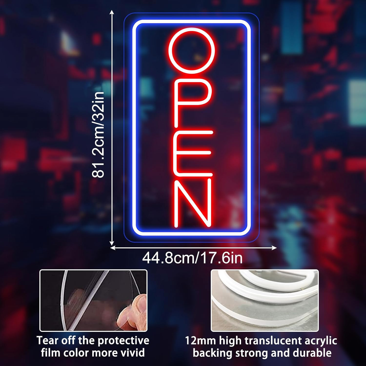 Ultra Bright LED Neon Open Sign for Business – 32&Prime; Vertical Blue/Red
