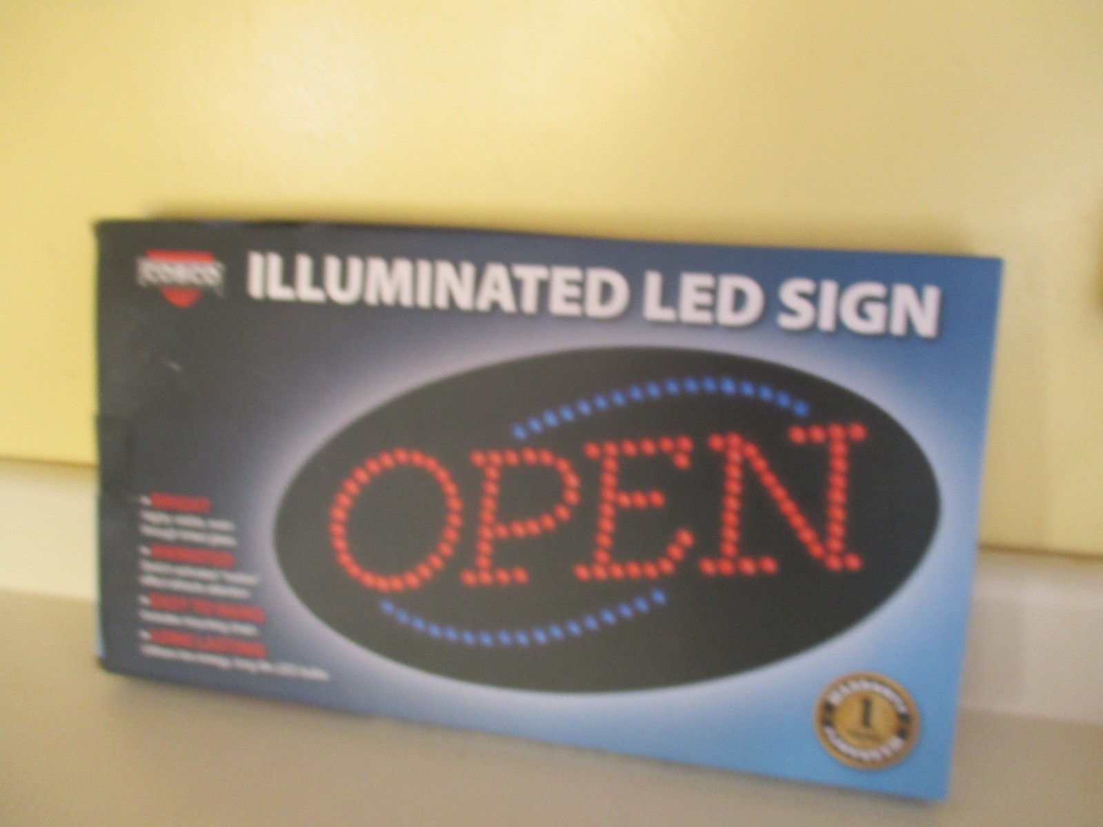 Cosco LED Open Sign 10-1/2&Prime;H x 20&Prime;W x 1-1/4&Prime;D, Black W/Flashing Red/Blue Lights