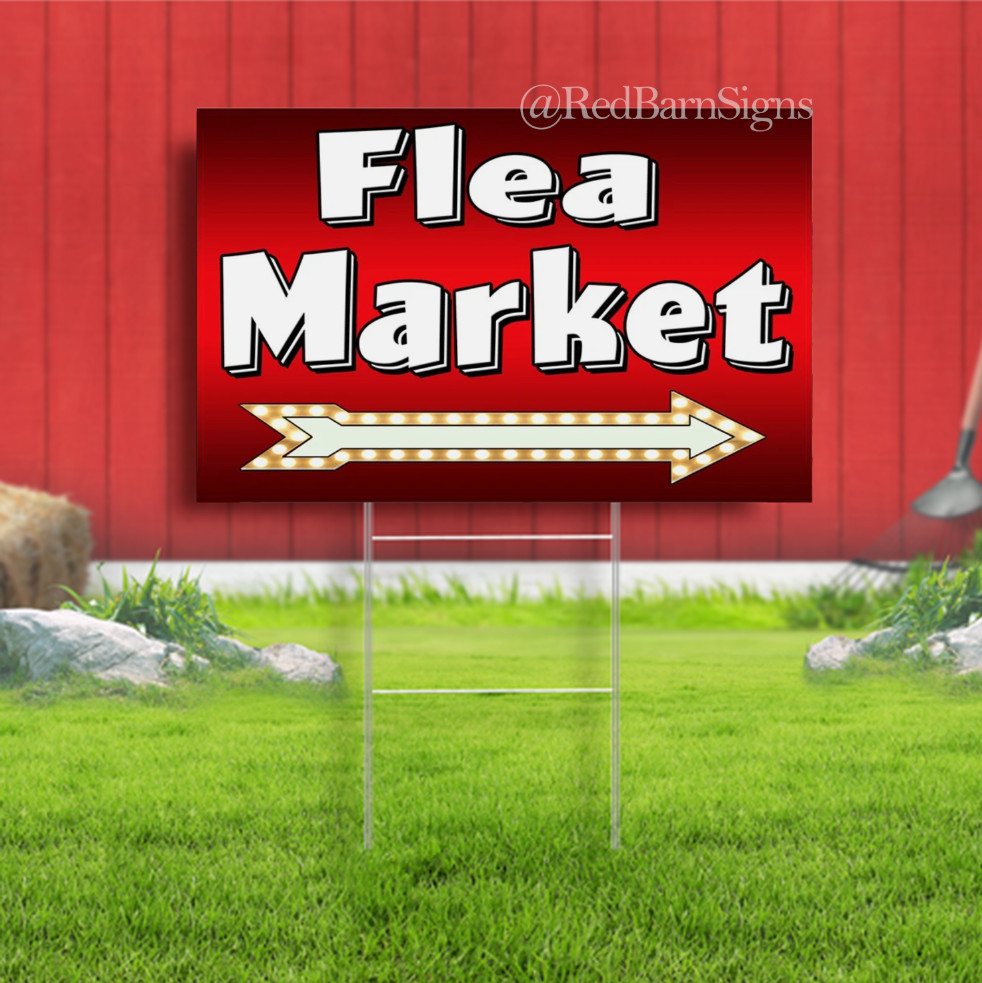FLEA MARKET Arrow Indoor Outdoor Yard Sign with metal stakes