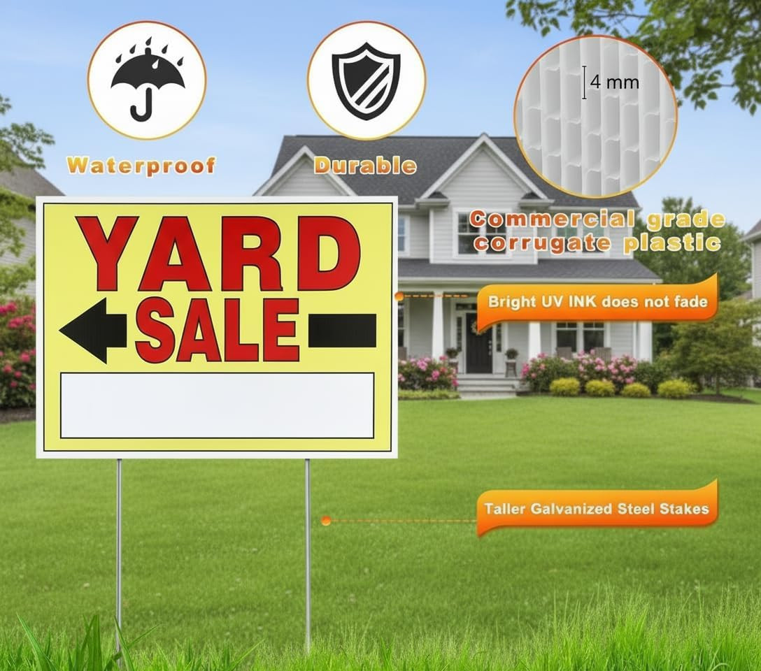 Yard Sale Signs 4 Pack, 18” X 13” Double-Sided Printed Waterproof Yard Signs wit
