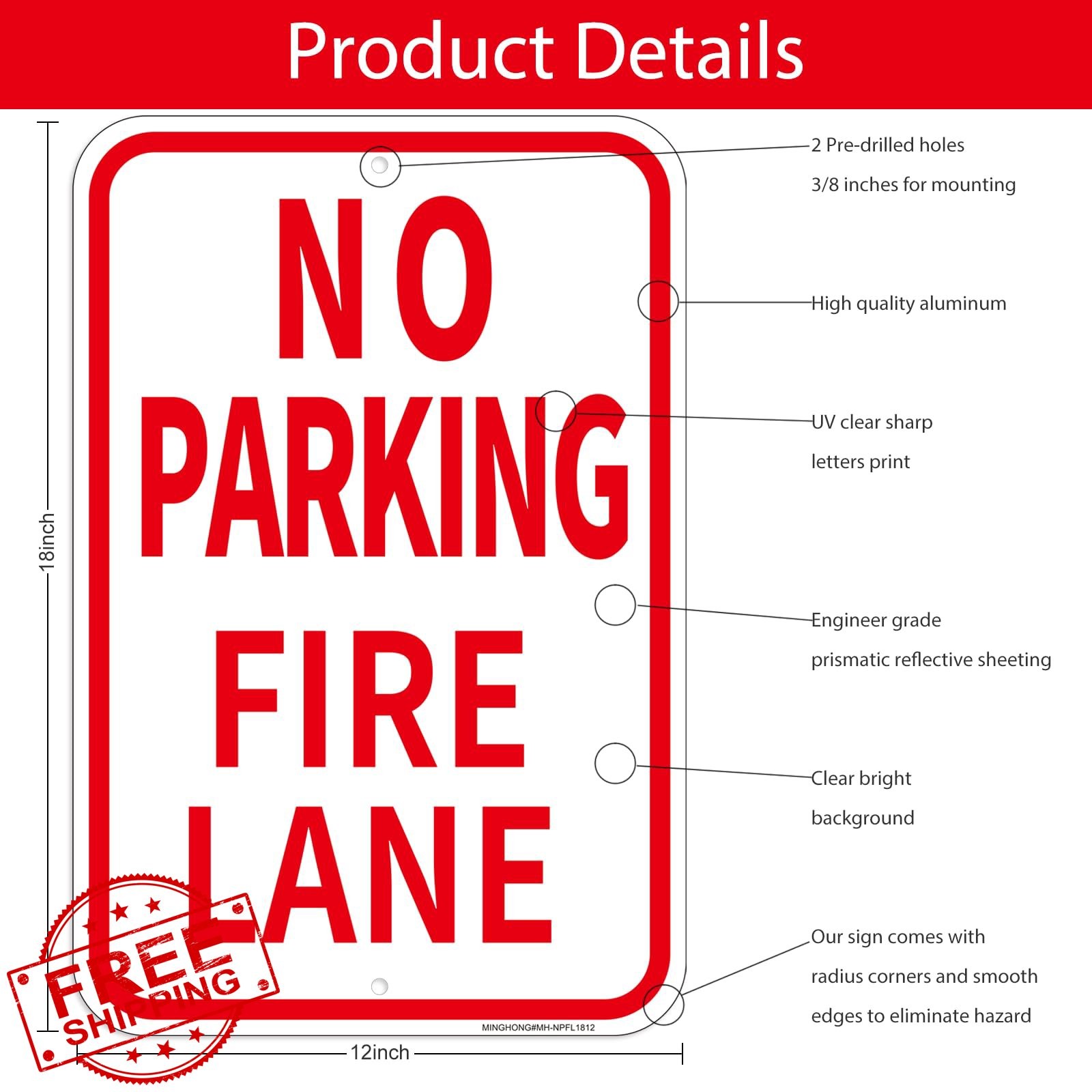 MINGHONG 2 Pack Fire Lane No Parking Signs 12&Prime;x18&Prime;