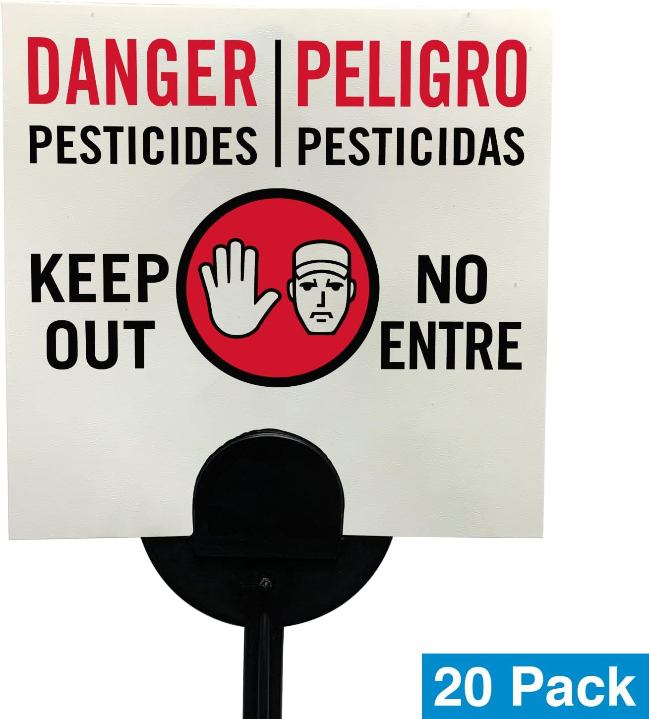 (20-Pack) Bilingual Danger Pesticides Keep Out Yard Sign with Stake, 16 Mil HDPE