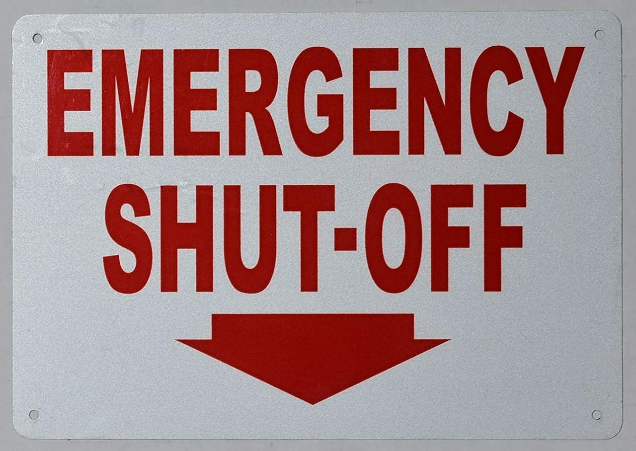 Emergency Shut-Off Arrow Down Sign (White, Reflective !!, Size 7X10)-REF24-1027