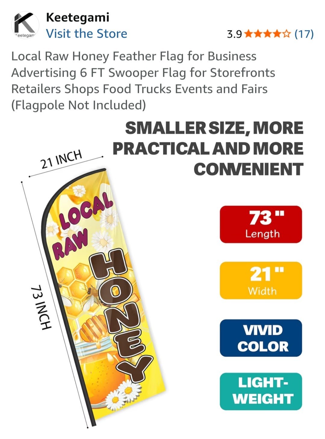 Keetegami Local Raw Honey Feather Flag Vivid Color Lt weight 73&Prime; x 21&Prime; Flag only