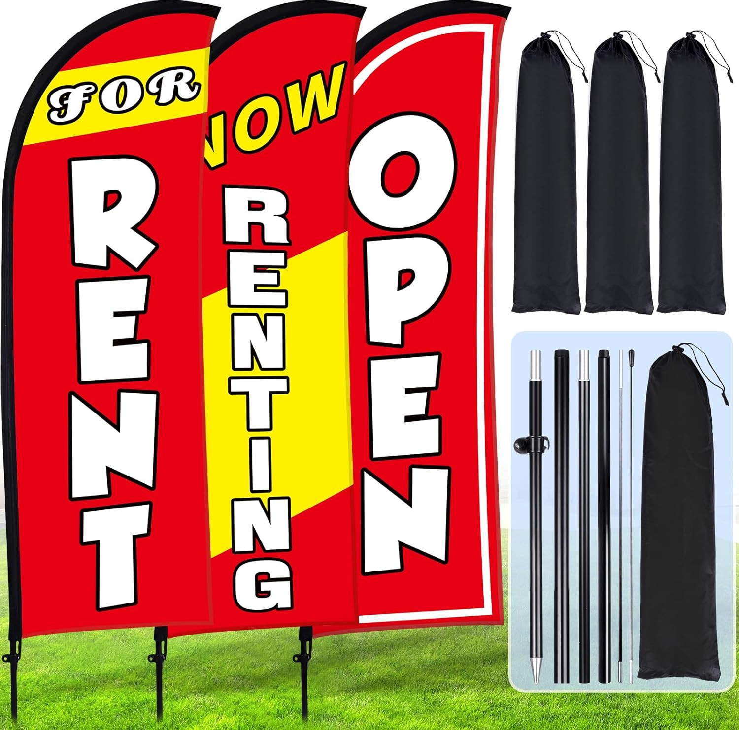 7 Ft Feather Flag Kit – « Now Renting Open » with Pole & Ground Stake (Red)
