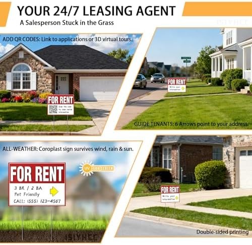 2 Pack For Rent Sign with Stakes, 17×13&Prime; Double-Sided Yard Sign – Extra Large Wr