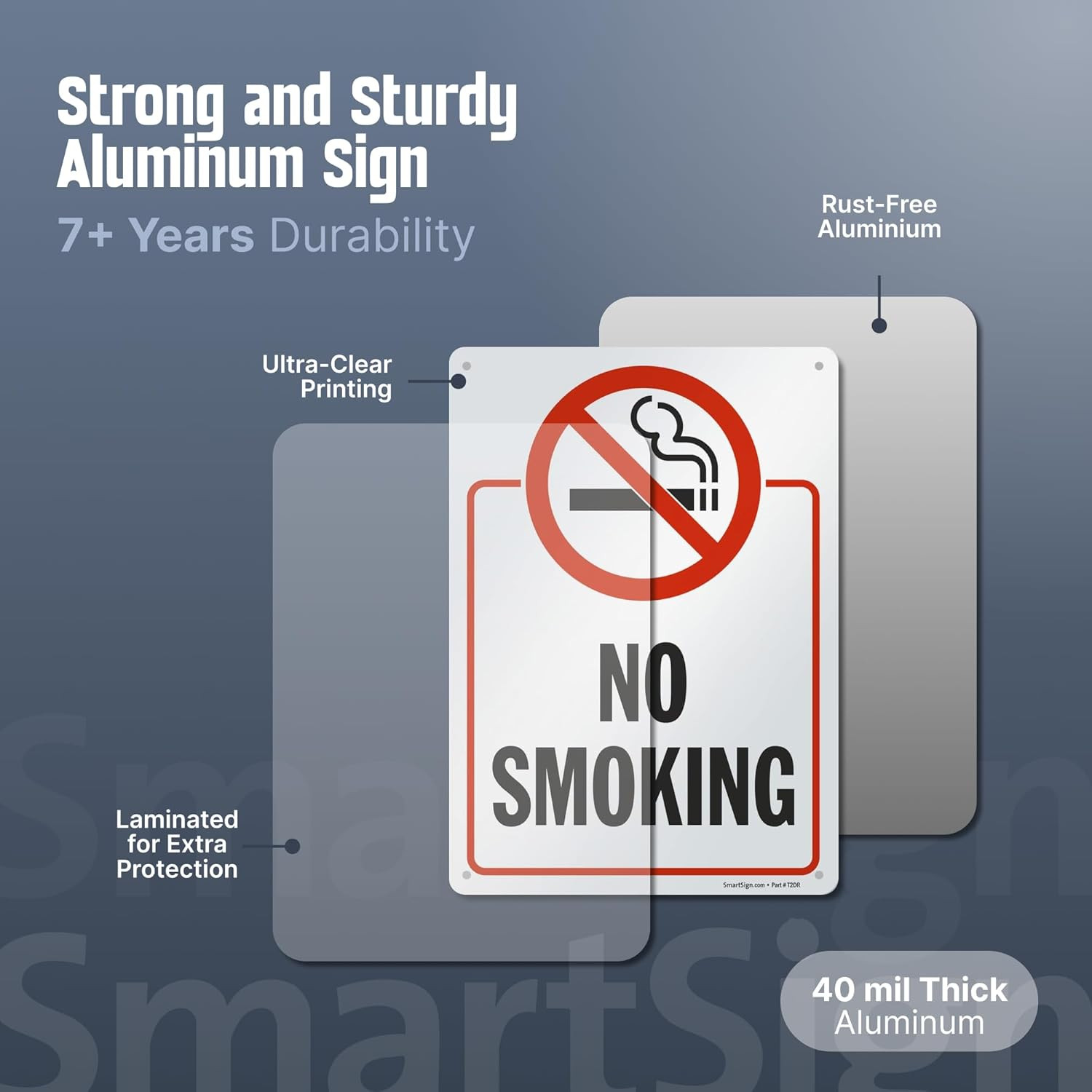 14 x 10 inch “No Smoking” Metal Sign with Symbol, Screen Printed, 40 mil Laminat