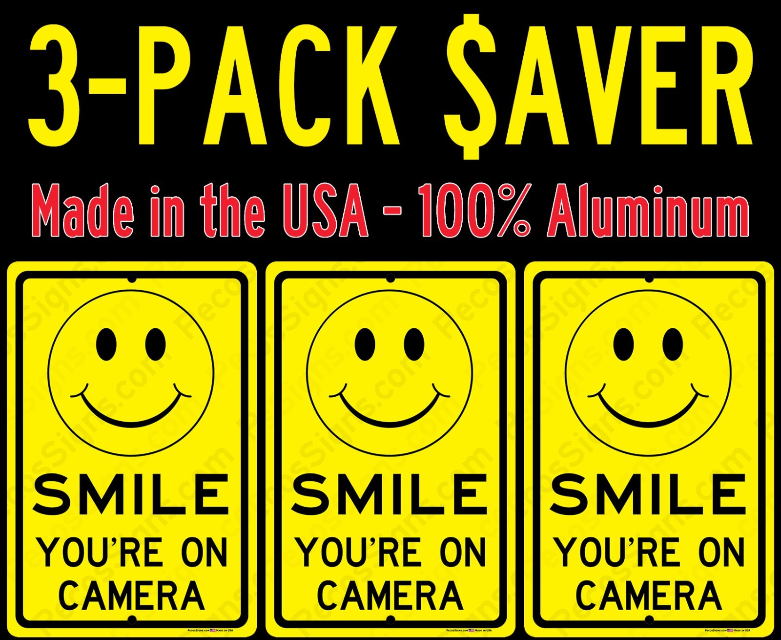 3-Pack Smile You&rsquo;re On Camera Video Sign 8&Prime;x12&Prime; Aluminum Sign Made in USA