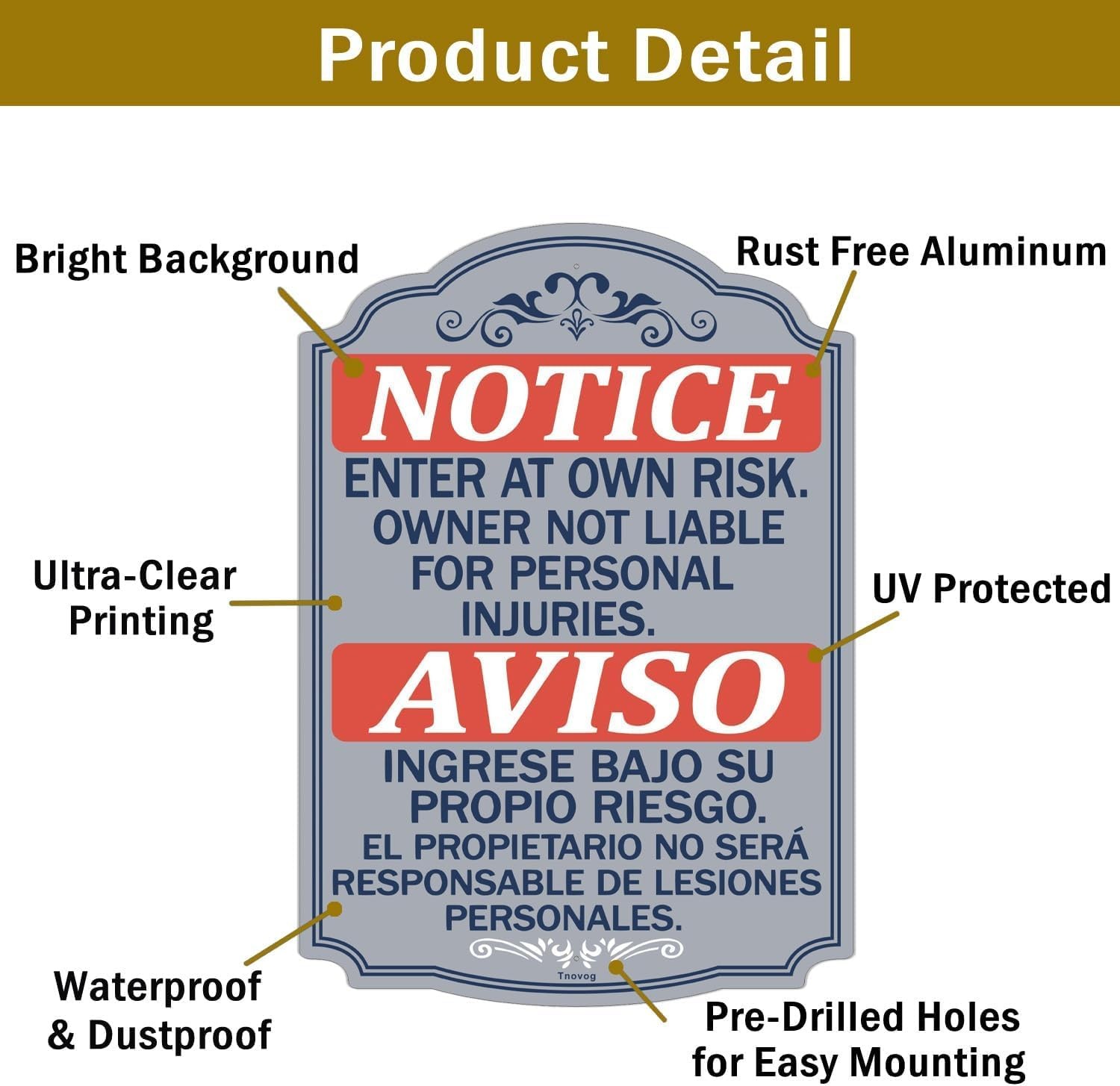 Notice Enter At Own Risk Bilingual Metal Security Signs 14×10 Inch 2 PCS