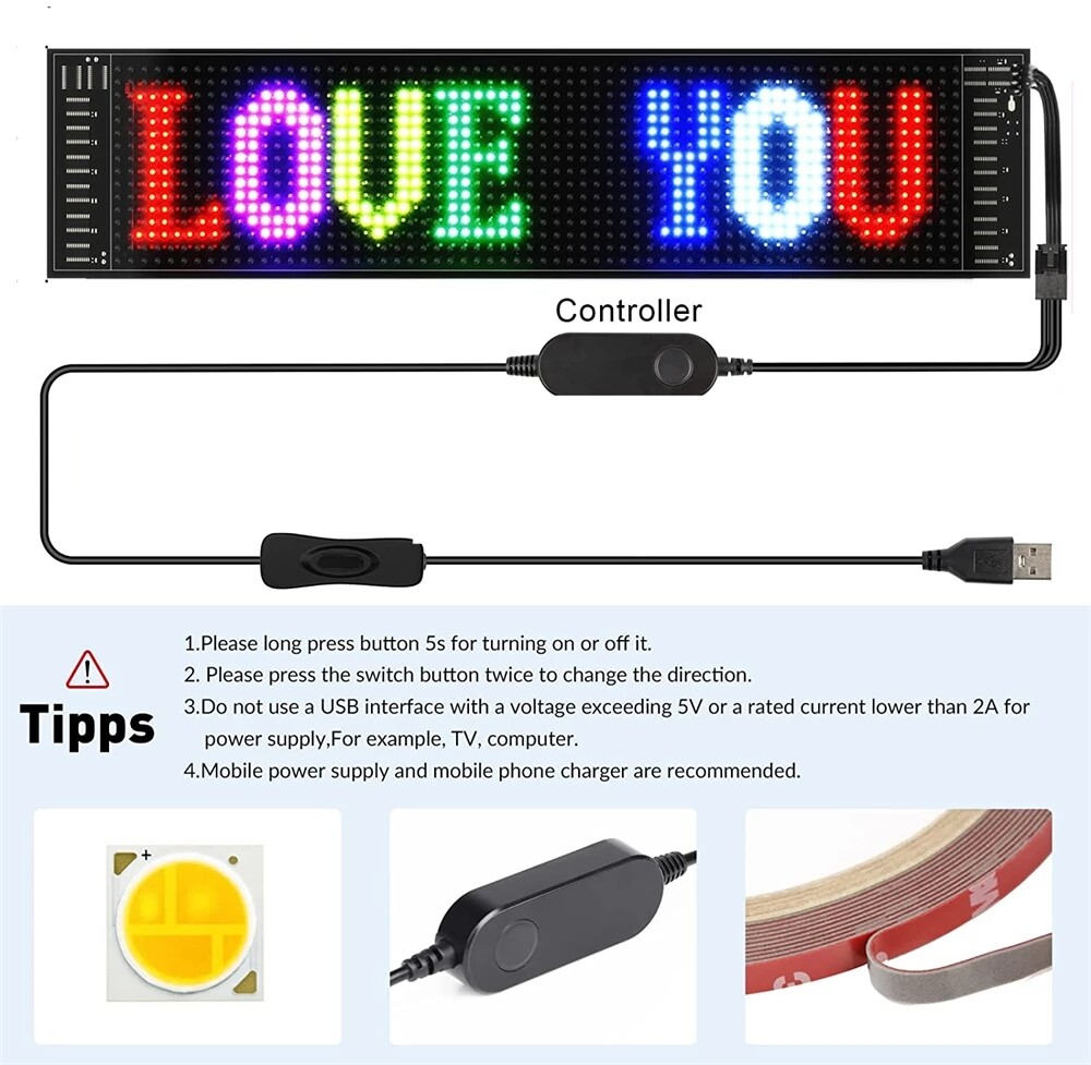 Scrolling LED Sign Matrix Panel Screen Bluetooth APP Control for Shop Bar Car US