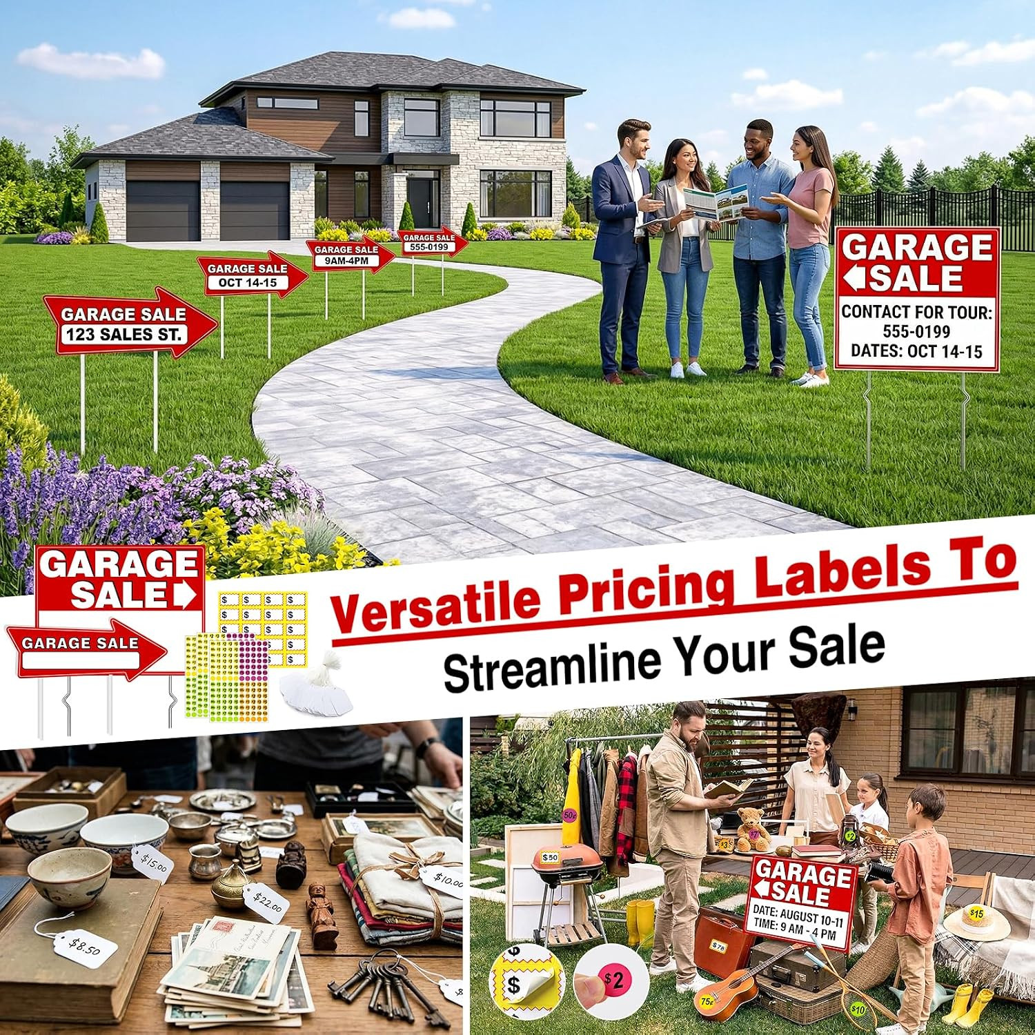 Garage Sale Signs Kit (14Pack)-17×13 Inch Large Garage Sale Sign with Metal Stak