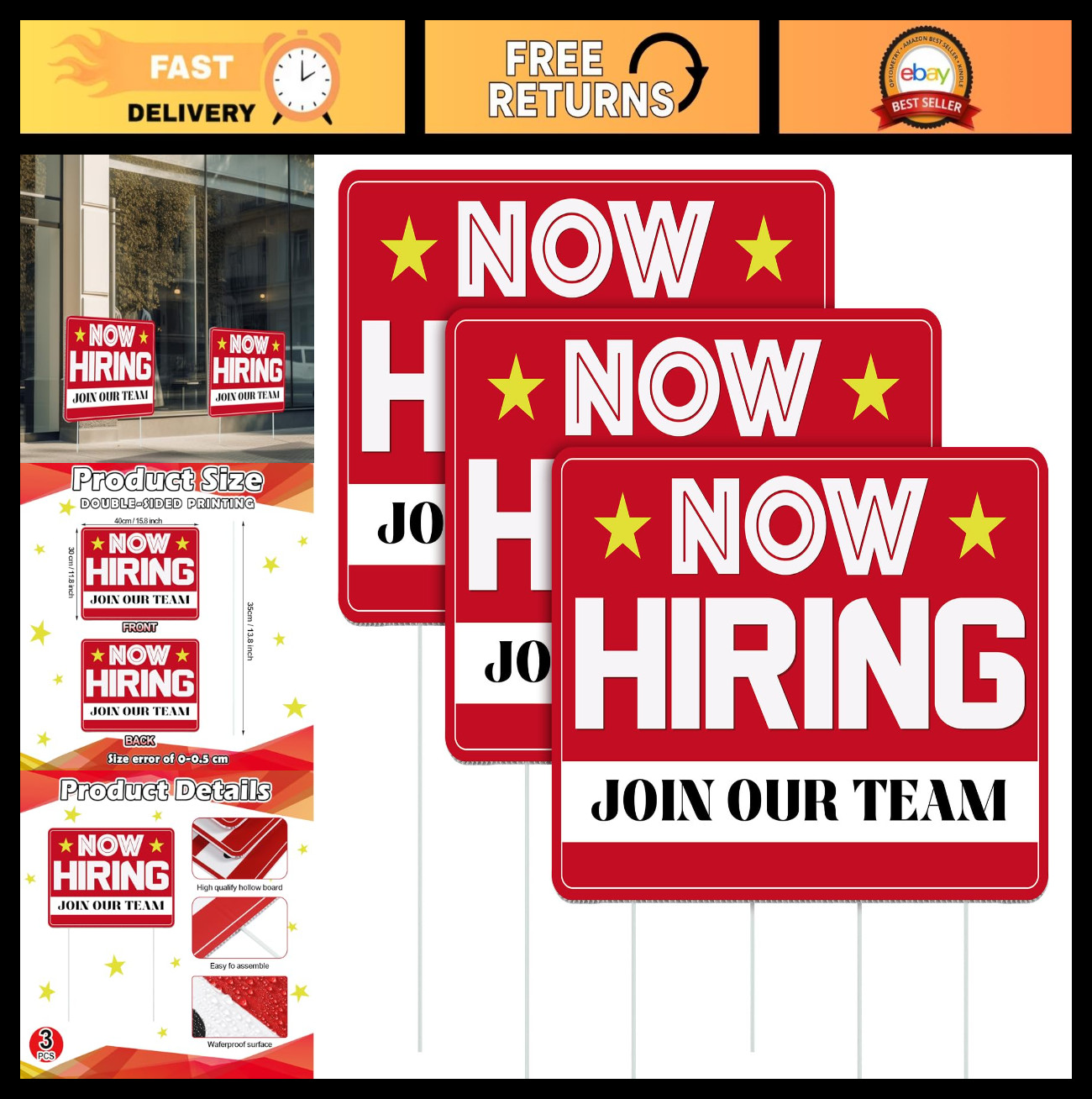 3 Pcs Now Hiring Sign with Stake – 12×16&Prime; Double-Sided Plastic Help Wanted Signs