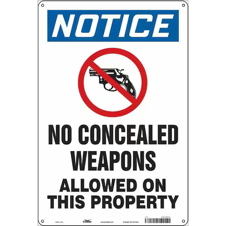 Condor 453U03 No Concealed Weapons Sign, 18 In H, 12 In W, Aluminum, Vertical