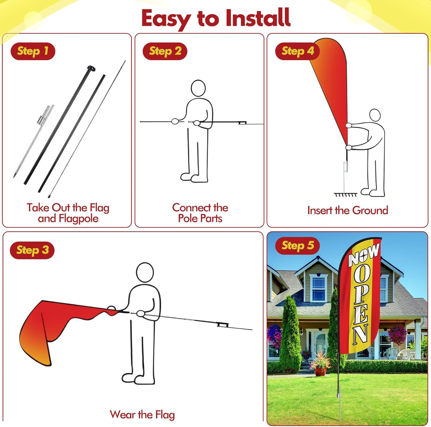 7.2 Ft Open Feather Flag Kit – 4 Sets for Business Grand Opening (Red)