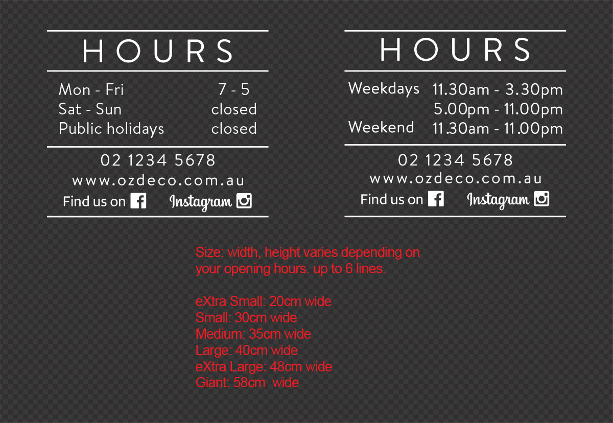 Opening Hours Window Sign Decal Weekdays Weekend Facebook Instagram